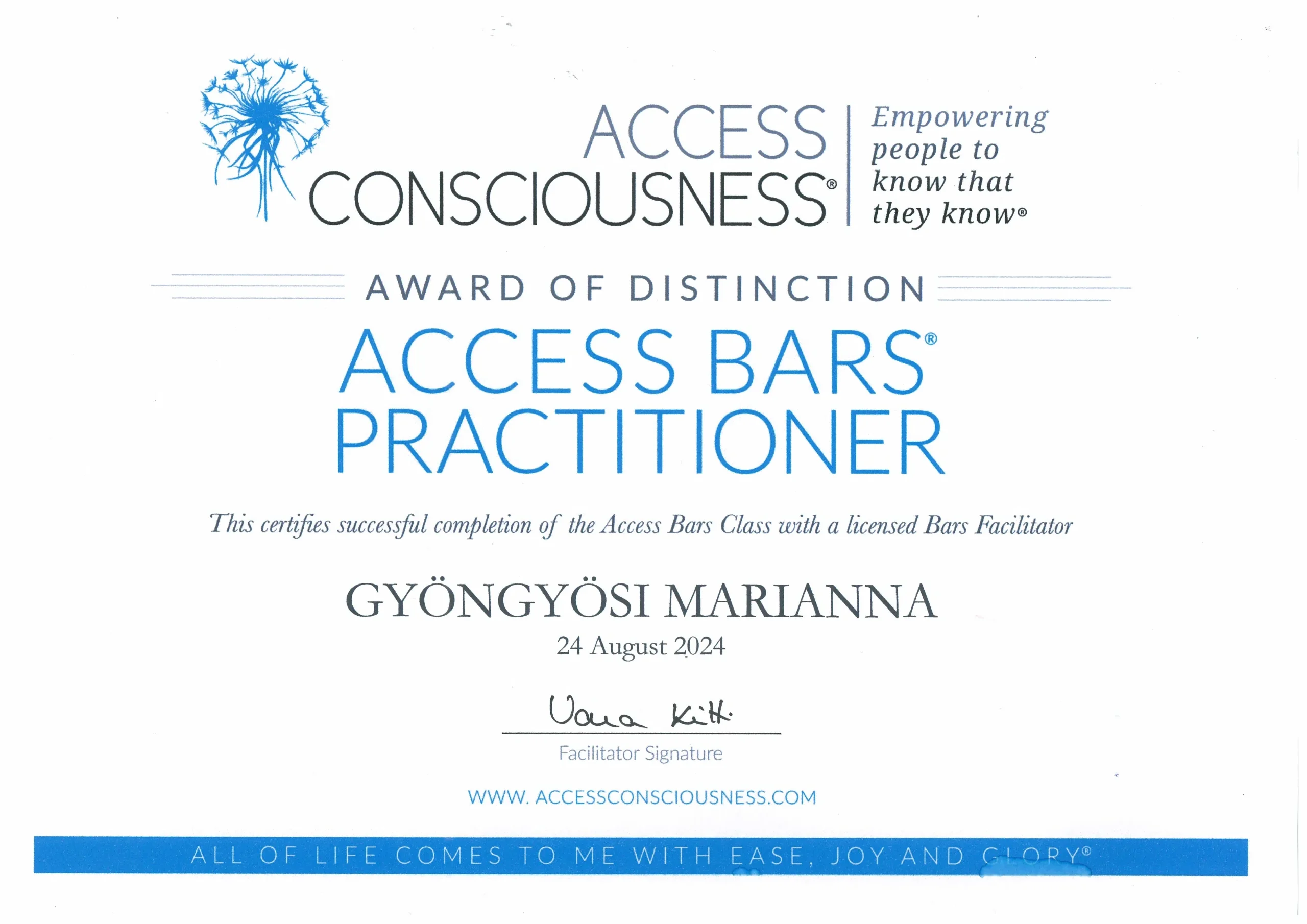 Access Bars Bizonyítvány